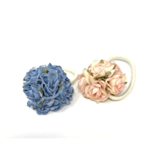 Set of 2 Rosette Elastic Ponytail Holder Blue Light Pink Hair Accessory Girls