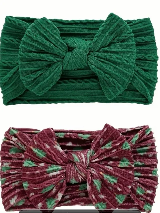 Kids Bow Headbands - Green and Maroon Pattern (Set of 2)