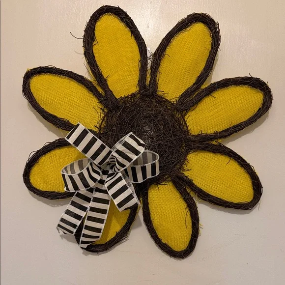 Sunflower Everyday Door Hanger with Yellow Petals and Striped Bow💕