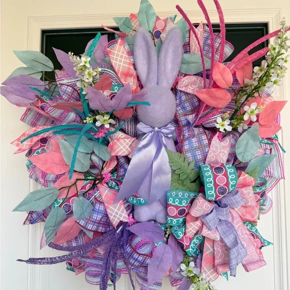 Easter Pastel Bunny Wreath - Purple & Pink Home or Door Decor
