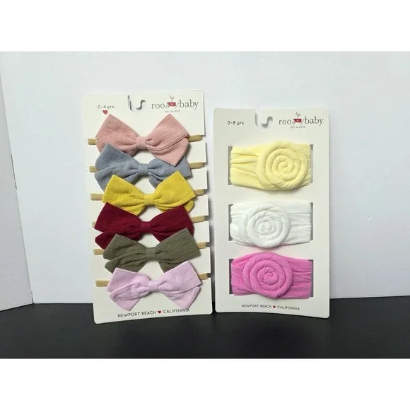 Roo Baby headband bow wrap pair NWT 0-4 0-8 years pink white