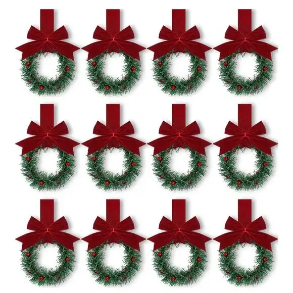 Retrowavy 12 Pcs Christmas Kitchen Cabinet Wreaths with Ribbon (C97)