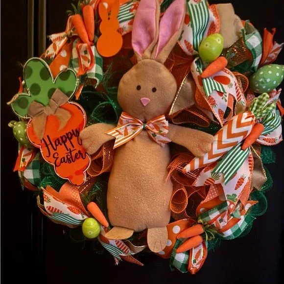 Festive Easter Bunny Wreath with Orange and Green Accents