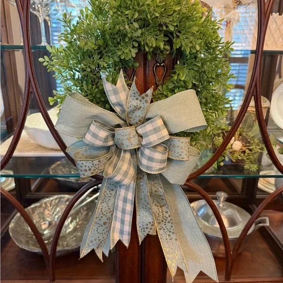 Artificial Green Boxwood Wreath with Blue-Green Plaid & Gold Accent Bow