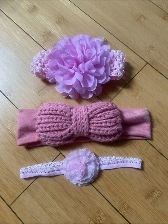 Pink Baby Headband Set with Knit Bow and Flower Accents