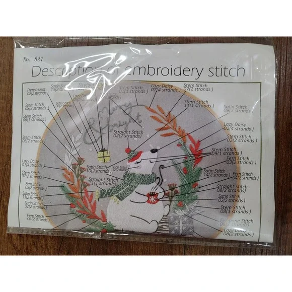 Christmas Embroidery DIY Art Kit No. 827 Polar Bear Merry And Bright Wreath B15