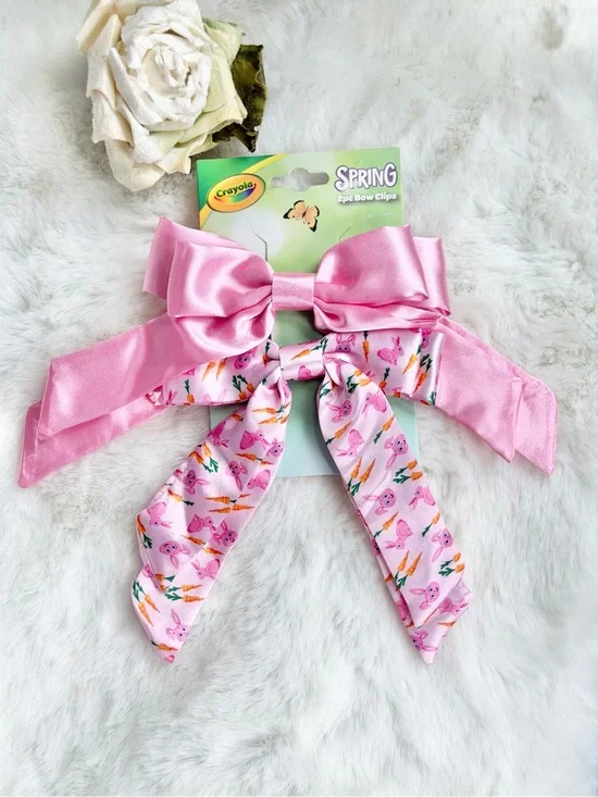 New with tags Pink Satin and Printed Ribbon Bow Clips - Set of 2