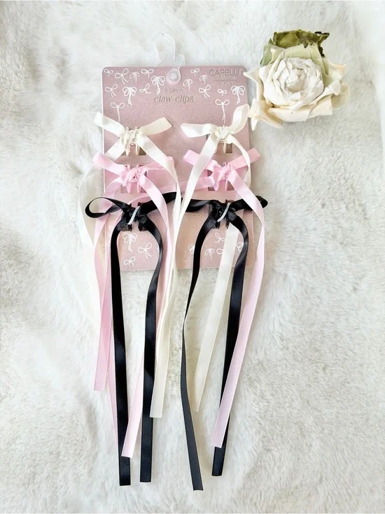 Ribbon Bow Claw Clips in Pink, Black & Cream