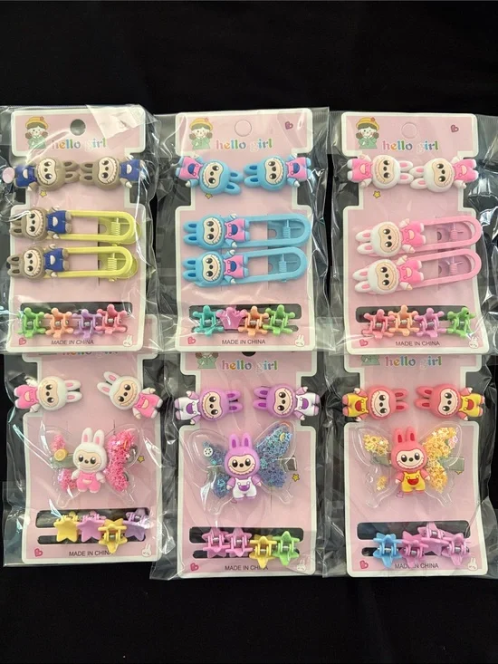 Kids Labubu Hair Clip Set - Pink, Blue, Yellow Multiple Clips