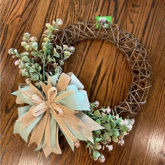 Rustic Grapevine Wreath with Sage Green Bow and Floral Accents
