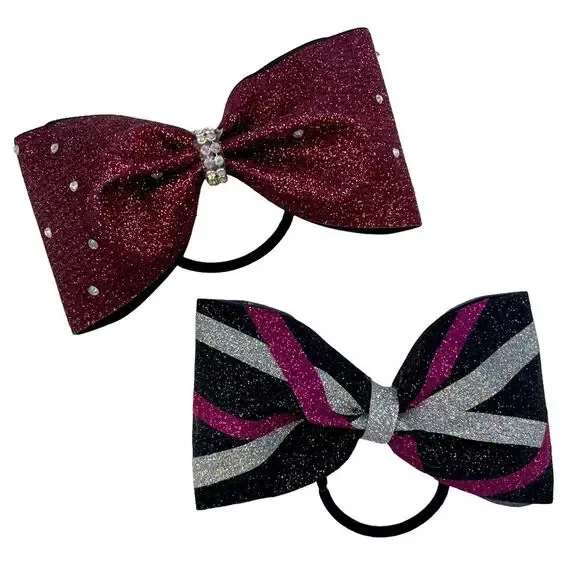 Cheer Hair Bows Set of 2 Elastic Band Burgundy Black Pink Silver Girl's Small