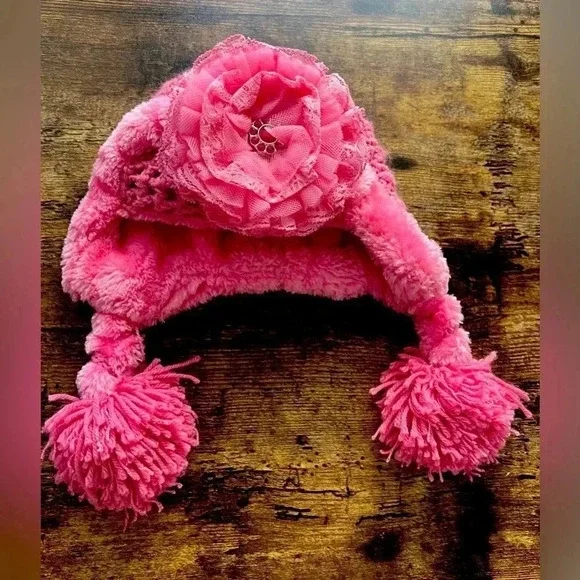 jamie rae hats | Candy Pink Winter Wimple Hat Candy Pink Lace Rose. Size: 3/6M