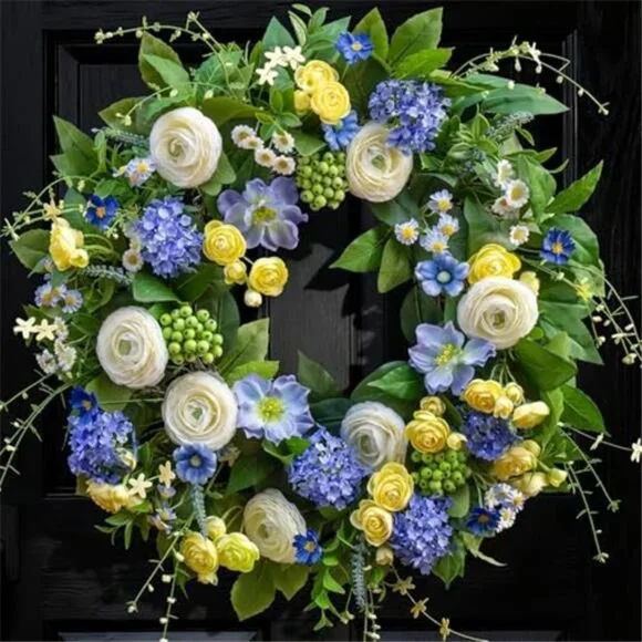 24 Inch Spring Wreath Artificial Hydrangea, Anemone & Wild Daisy Flowers