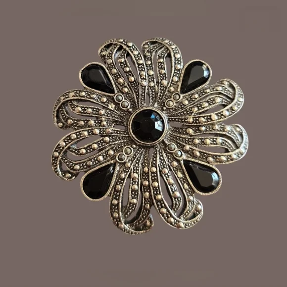 1928 Inspired Silver Tone Marcasite and Black Acrylic Brooch