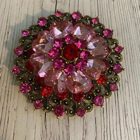 Vintage Style Pink & Red Rhinestone Brooch – 2.5”