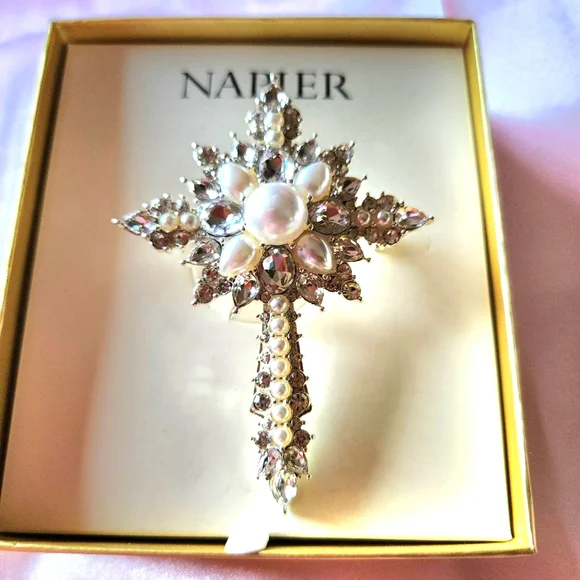 Napier Silver and White Ornate Cross Brooch