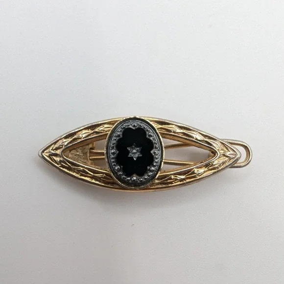 Vintage Gold Tone Black Enamel Star Marquise Bar Brooch Pin Celestial‎ Etched