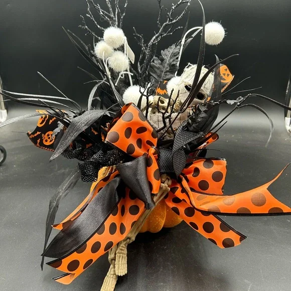 Halloween Pumpkin Floral Arrangement with Orange and Black Accents