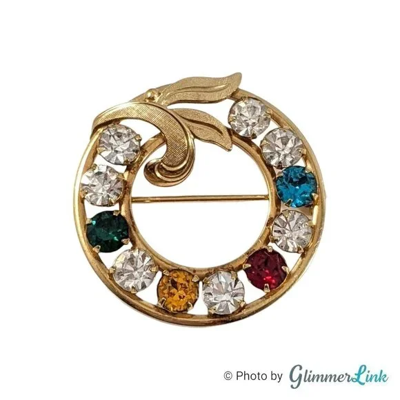 Vintage Van Dell Mid-Century Multicolor Rhinestone Wreath Gold Filled Brooch Pin