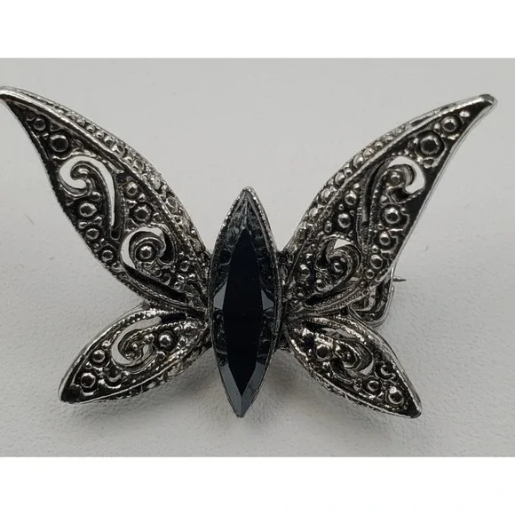 Vtg Filegree Butterfly Brooch Silver-Tone Black Rhinestone Pin