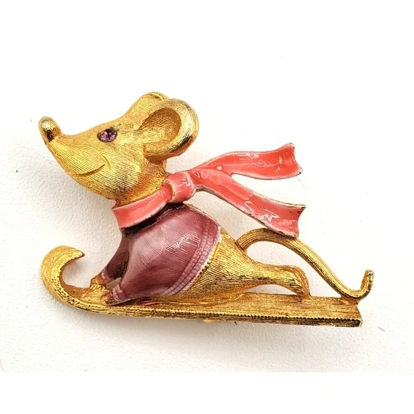 Vintage Mouse on a Sled Purple Sweater Red Scarf Enamel Brooch