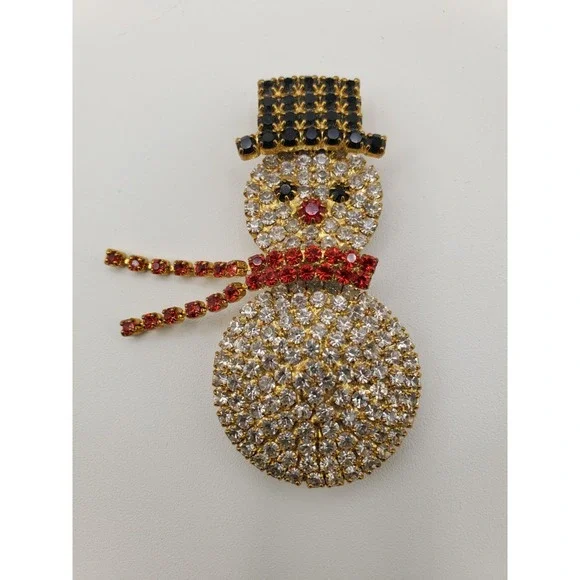 Vtg High End Rhinestone Ice Snowman w Moving Red Scarf Xmas Brooch Pin