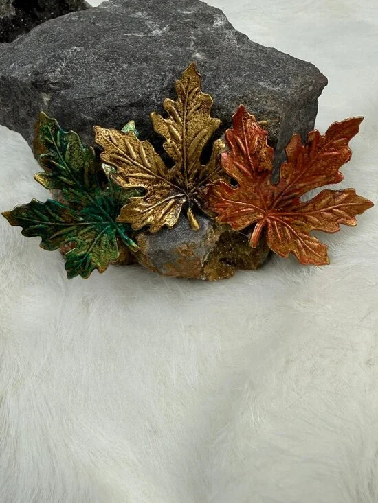 Vintage Tri-Tone Maple Leaf Brooch Green, Yellow & Orange Fall Autumn
