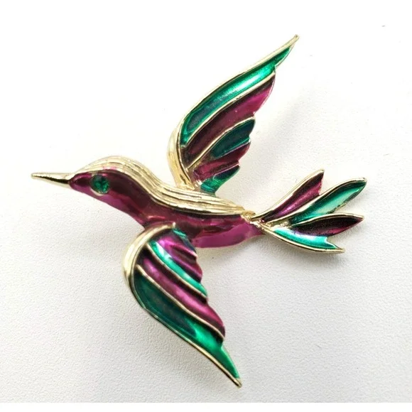 Vintage Pink Green Enamel Hummingbird w Green Eye Brooch Pin