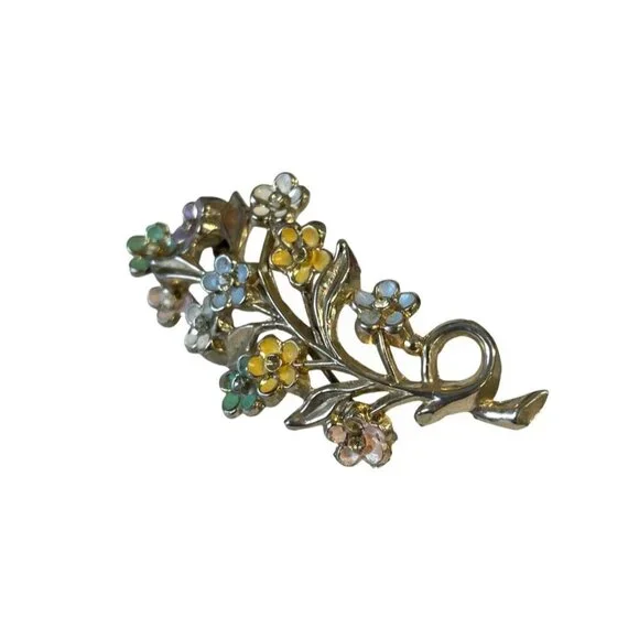 Vintage Floral Enamel &‎ Gold-Tone Brooch Pin With Multicolor Flowers
