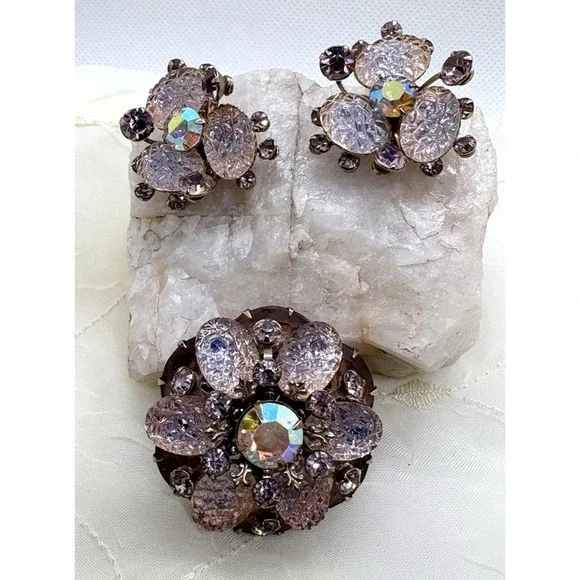 Vintage 1950s MCM Pink Lavender Rhinestone Brooch Clip On Earrings Matching‎ Set