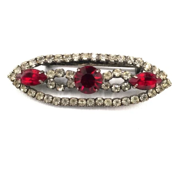 Antique Silver Tone Top Quality Prong Set Red Rhinestones Brooch Pin
