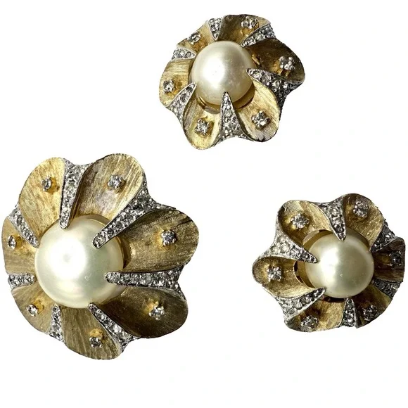 Rare Vintage Jomaz Brooch Earrings Set Gold Tone Crystal Faux Pearl Floral Clip