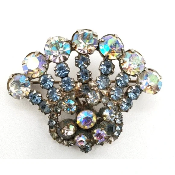 Vintage Pot Metal Fan Brooch AB Rhinestones Blue Crystal Silver Tone Pin