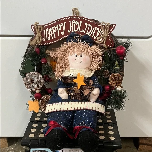 Festive Holiday Wreath with Doll - Blue and Red