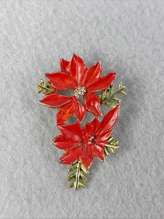 Vintage Christmas Poinsettia Brooch Red Enamel Holiday Festive Winter