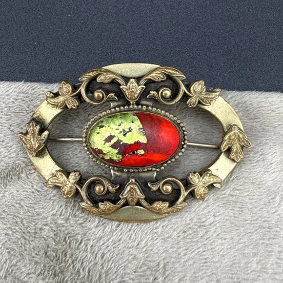 Vintage Victorian Czech Foil Art Glass Brooch‎ Sash Pin Red Green
