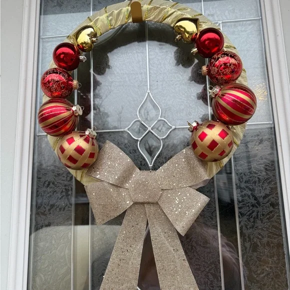 Festive Gold and Red Holiday Wreath