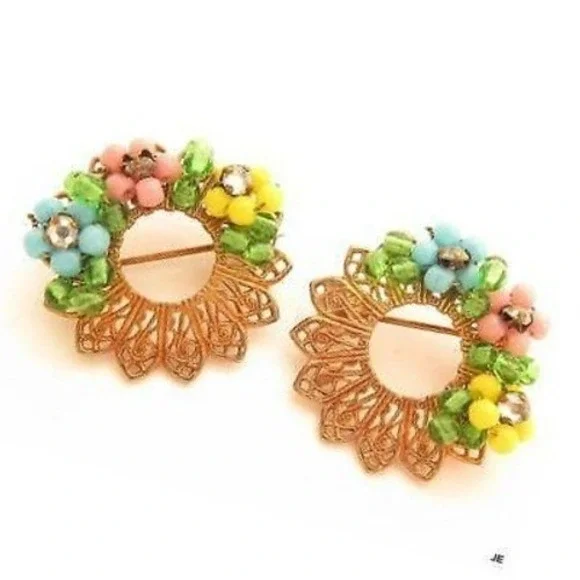 Vintage Pretty‎ Set Miriam Haskell Flower Filigree Glass & Rhinestone Pins