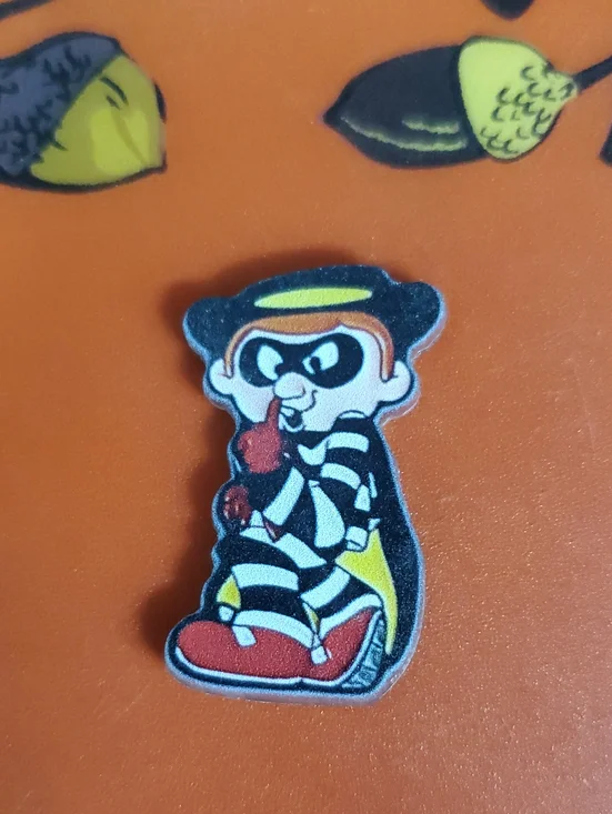 Hamburger Burglar Acrylic Pin- Black, Red, Yellow
