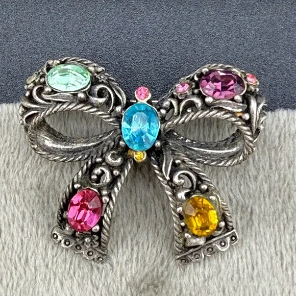 Vintage‎ Pot Metal Bow Brooch Pastel Fruit Salad Rhinestone READ