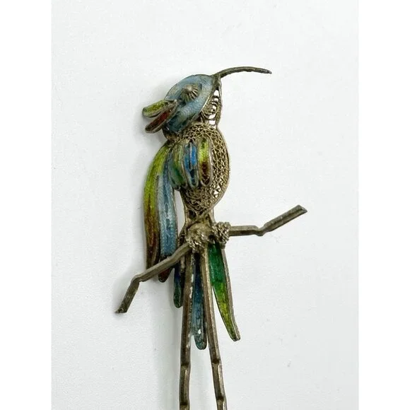 Enameled 800 Silver‎ Filigree Bird Parrot Pin Brooch