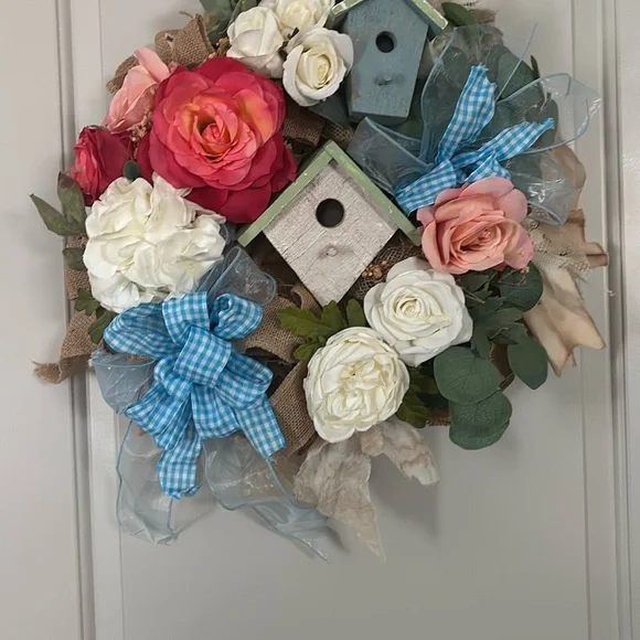 Springtime Wreath Birdhouses Blue Accents Custom Wreath Available Final Sale