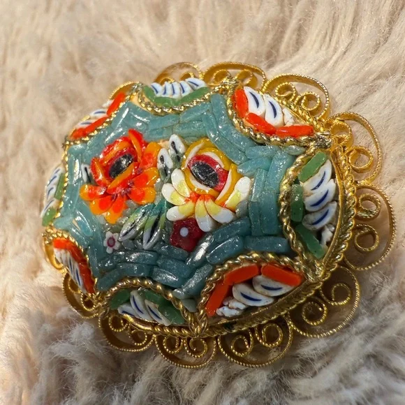 Vintage Gold Micromosaic‎ Micro Mosaic Flower Design Brooch Pin