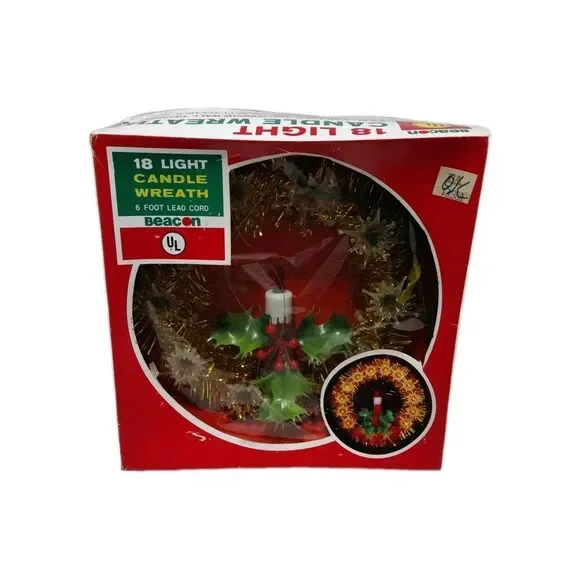 Vintage Christmas Beacon 18 Light Candle Wreath Flashing Lights with Box WORKING