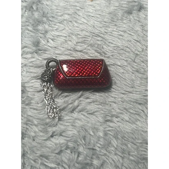 Vintage Sterling Silver‎ Red Enamel Purse Brooch Pin Dangle Chain 1.5in