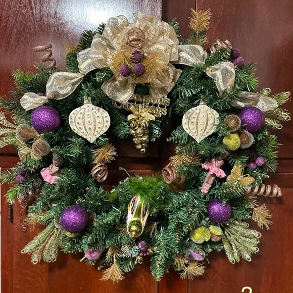 Elegant Holiday Wreath with Purple and Gold Accents