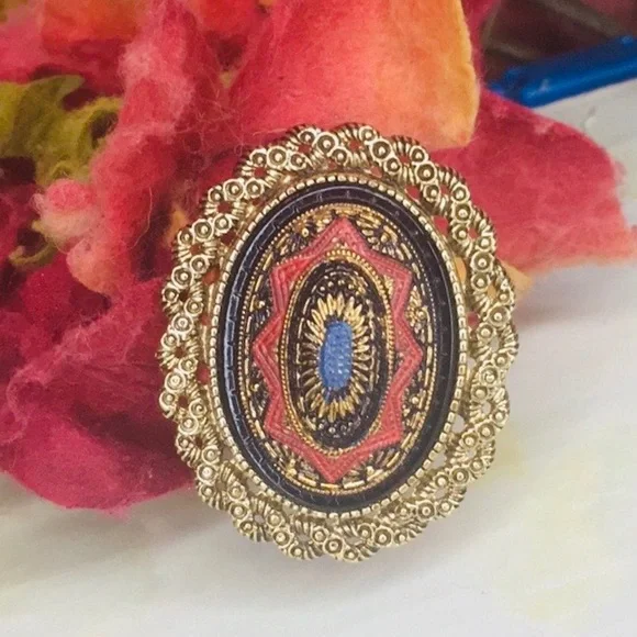 Vintage Sarah Coventry Gold Etruscan Style Enamel Convertible Pendant Brooch