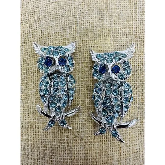 Vintage Silver-tone Baby Blue Rhinestone Owl Pin Brooch Blue Eyes Set‎ Of Two