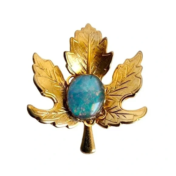 Vintage Opal Maple Leaf Brooch Gold Tone Iridescent Fall Pin‎ Small