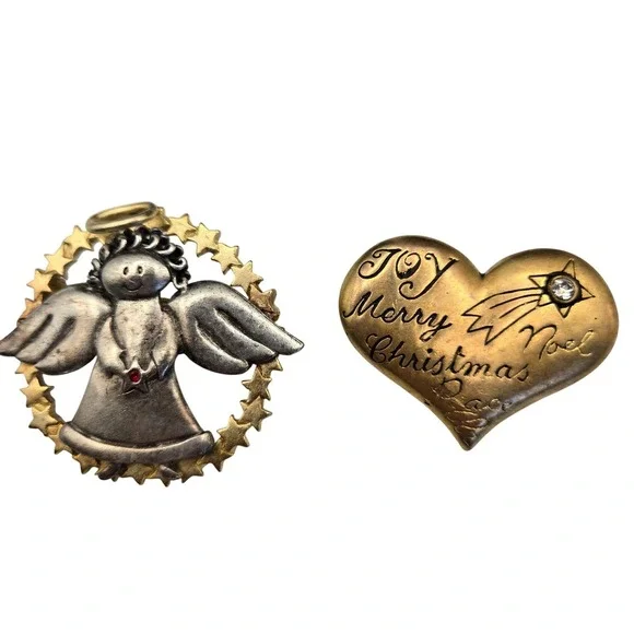 Set of 2 Vtg‎ Brooches Angel Merry Christmas Heart Holiday Festive Signed Pins